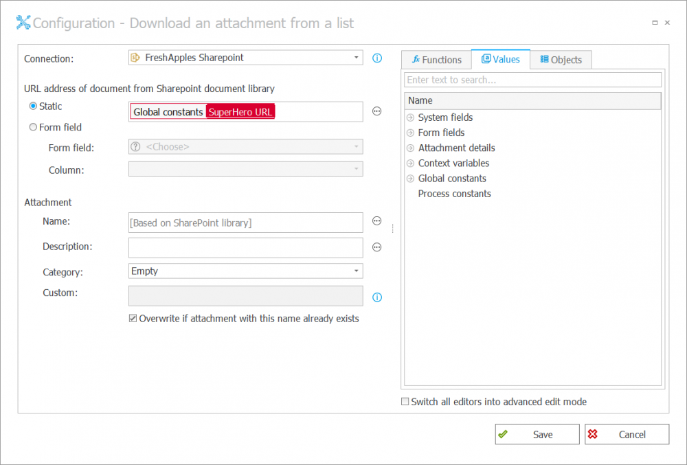 The image shows the configuration of the action “Download an attachment from a list”  with the use of a global constant